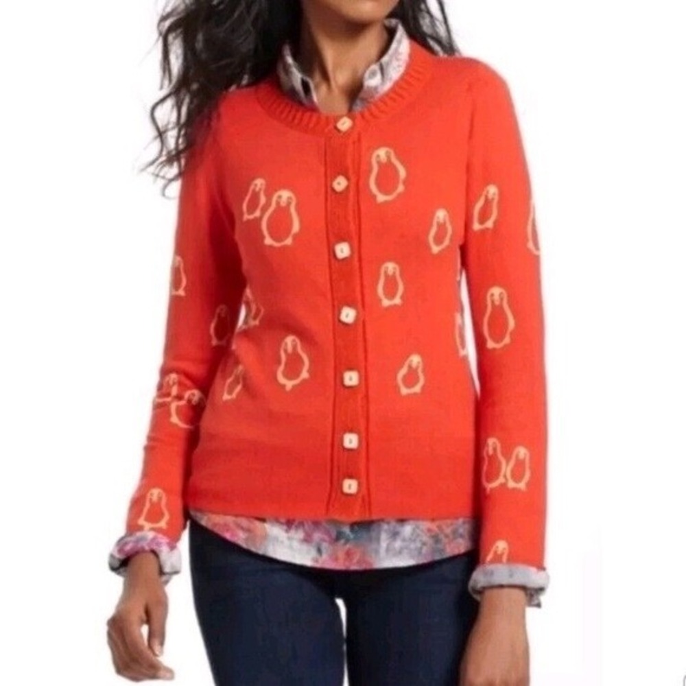 Anthropologie Field Flower Orange Flocked Penguin Cardigan Women's S/M